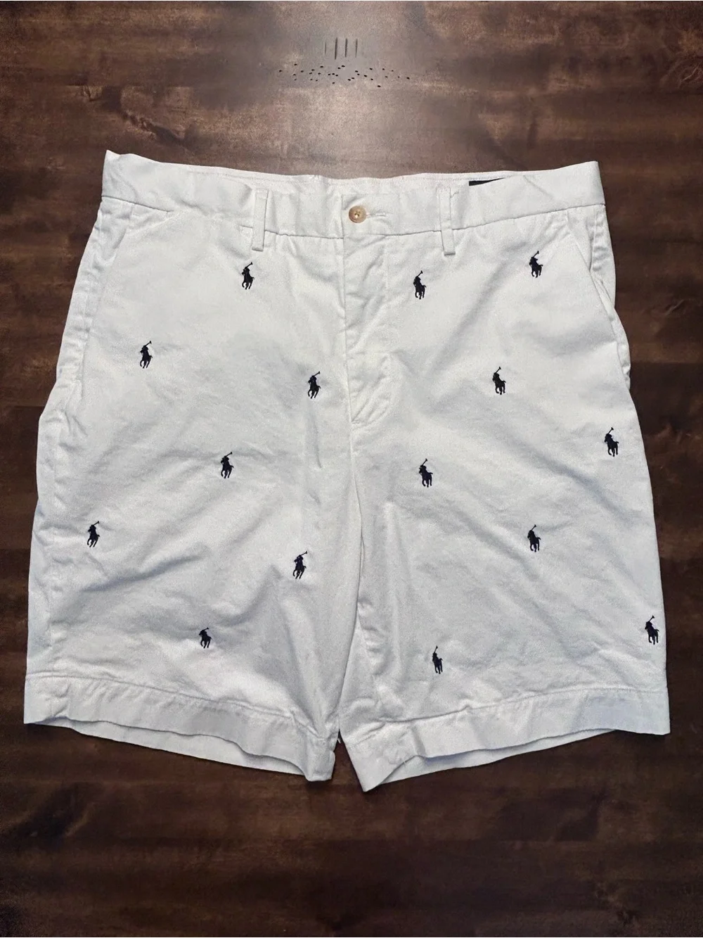Polo Ralph Lauren Stretch Classic White Chino Navy Pony Shorts Men's Size 34 9”
